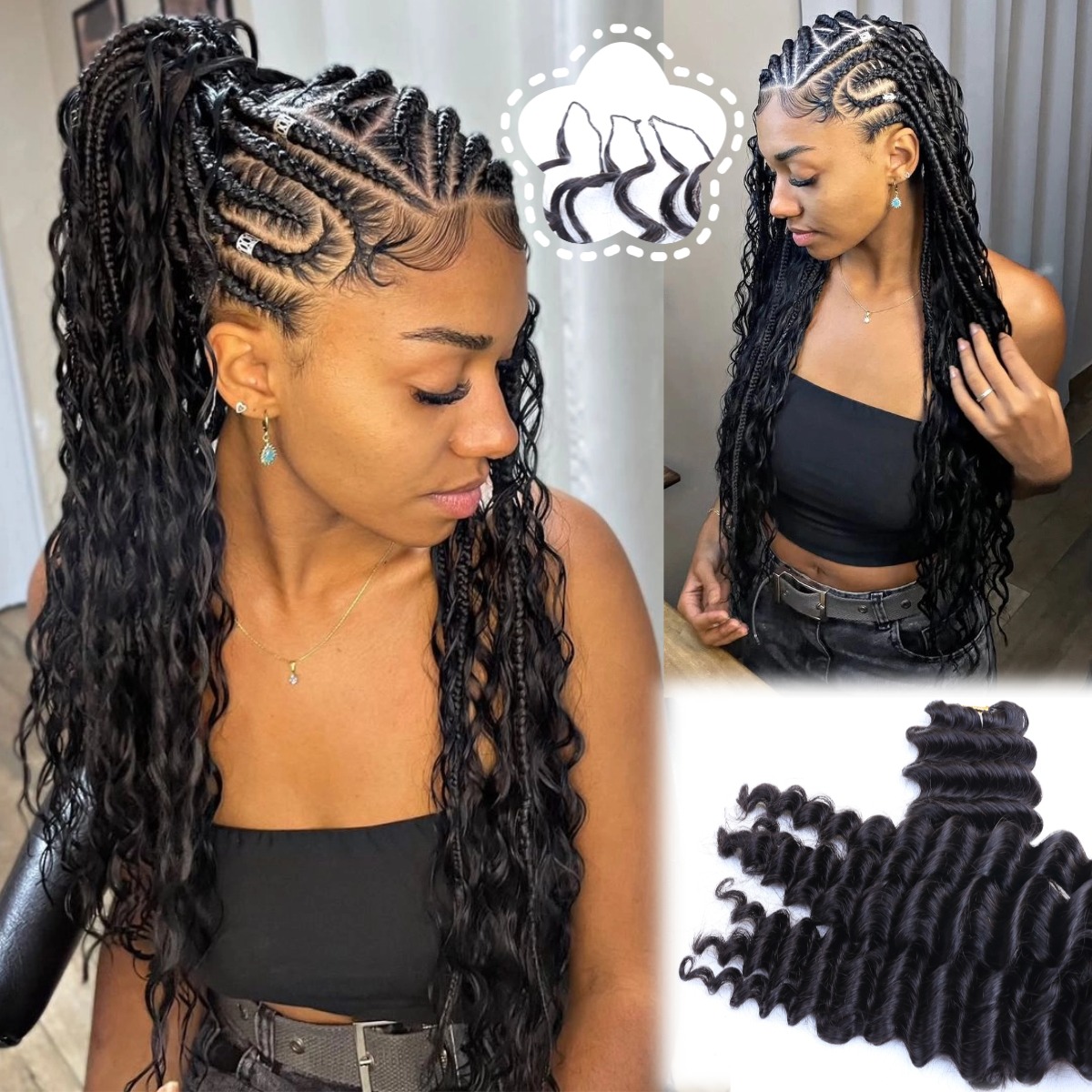 Hair Bundles - ナチュラルブラックのディープウェーブ・フェザーヘアエクステンション。100％人毛を使用し、あらかじめ毛束に分けられており、結び目がないため、自然な仕上がり。ボヘミアン風の編み込みヘアスタイルに最適。深めのカールで、柔らかく、本物の人毛を使用。女性向けの様々なファッションヘアスタイルに。