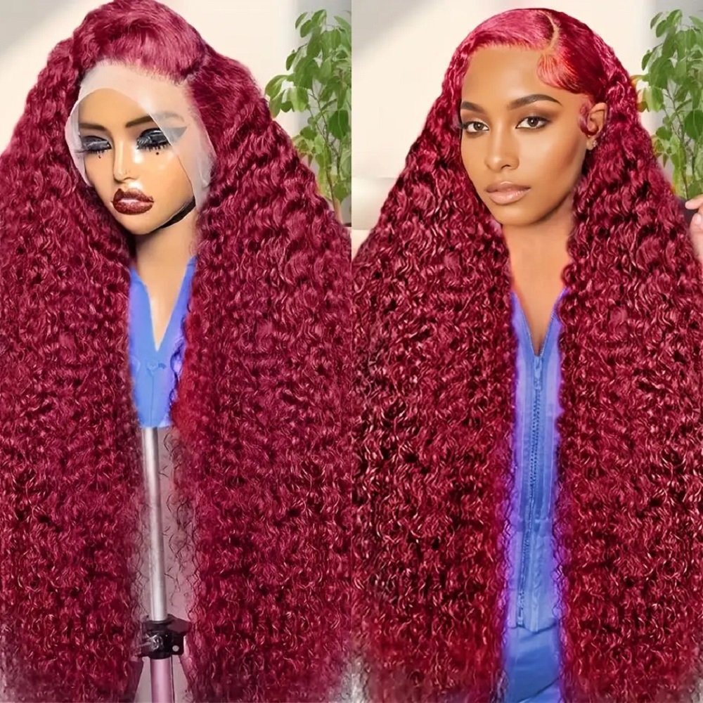 Lace Front Wigs - 200密度 バーガンディ ディープウェーブ 人毛ウィッグ 99Jカラー 13x4
