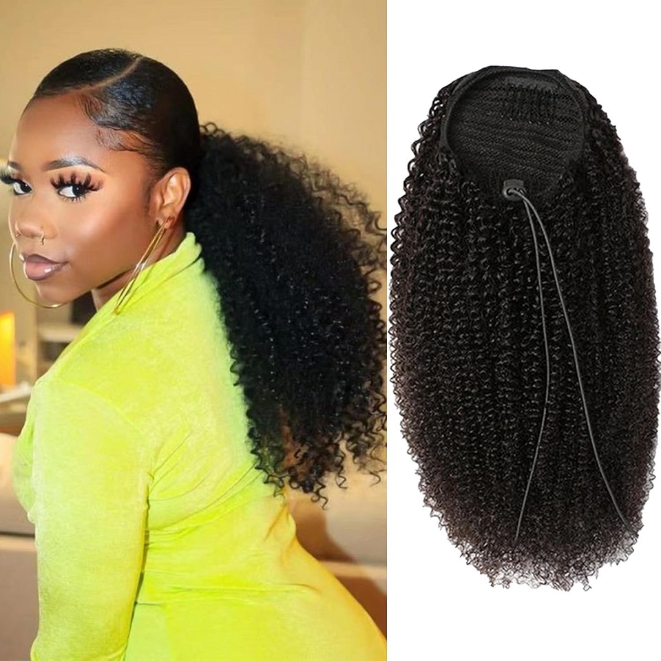 24～26インチのアフロ風縮れ毛ドローストリングポニーテール - Seamless Clip In Hair Extensions Human Hair のレビューと価格