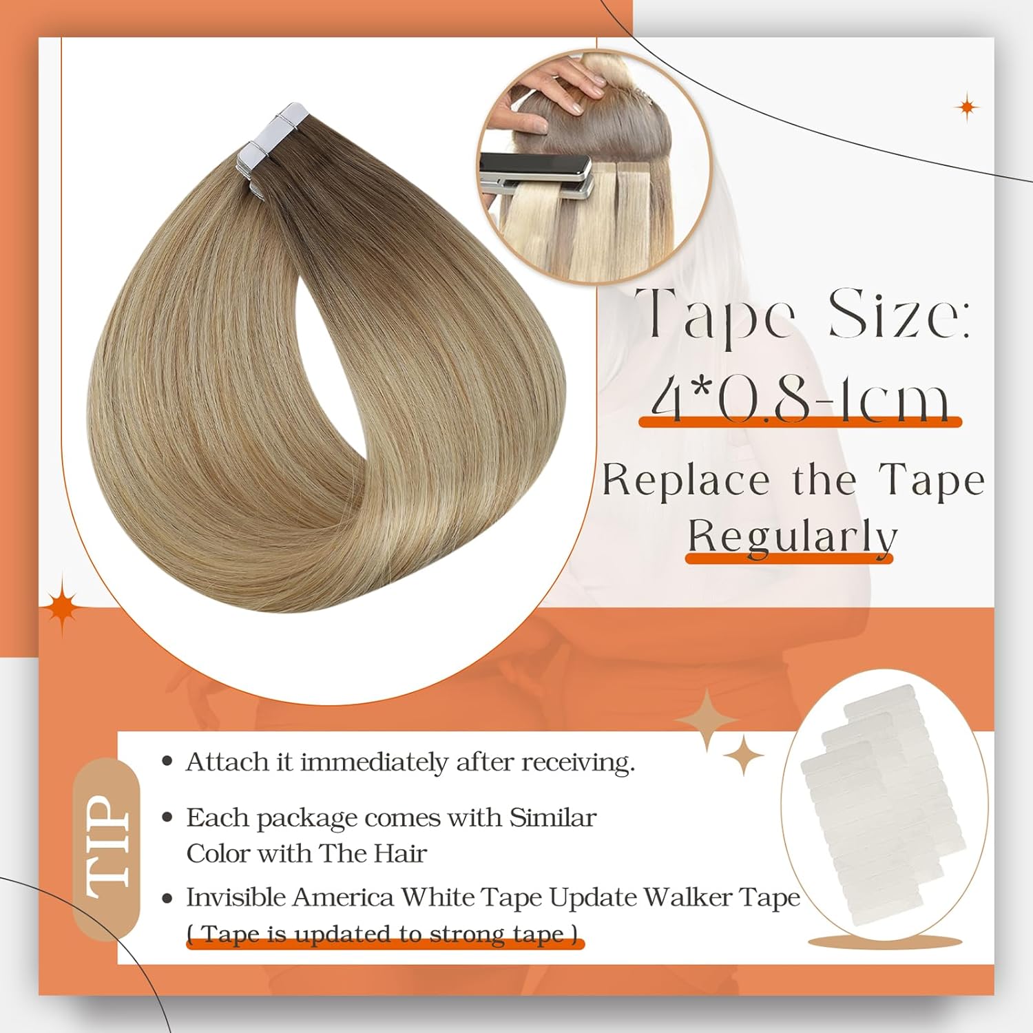 フルシャインアンバーテープヘアエクステンション人毛ブロンドカ - Invisible Tape In Extensions Real Hair のレビューと価格