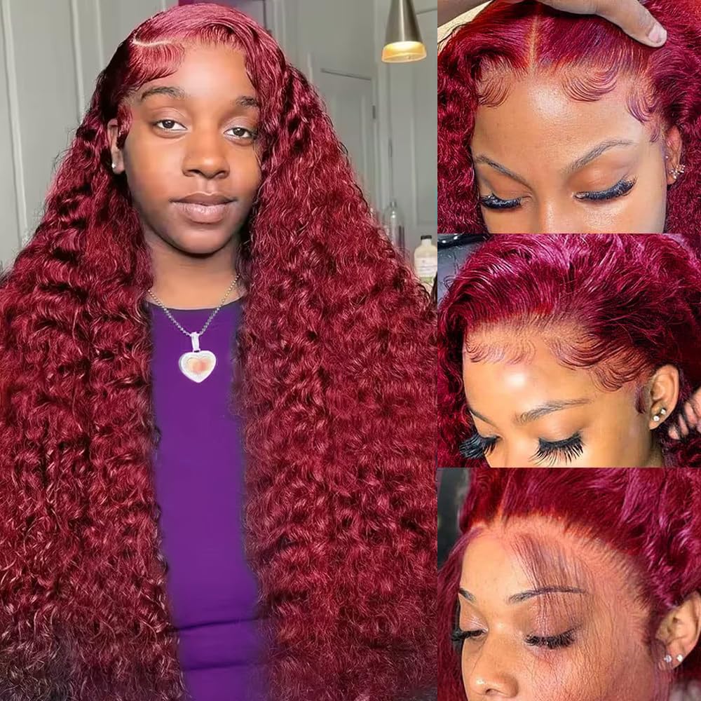 200密度 バーガンディ ディープウェーブ 人毛ウィッグ 9 - Lace Front Wigs のレビューと価格