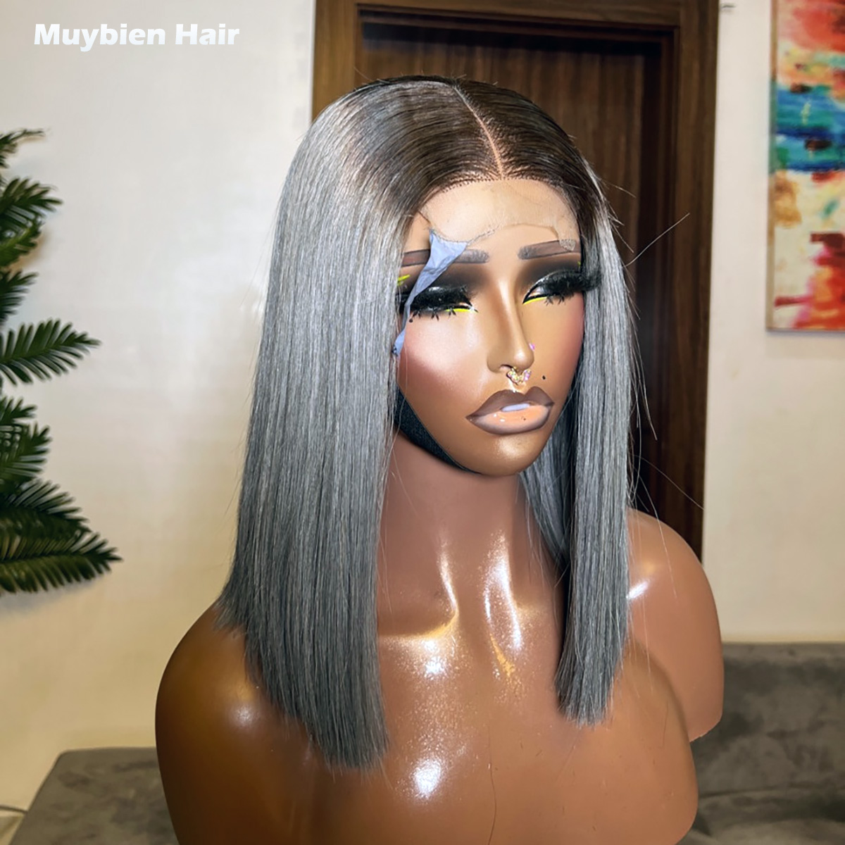 スーパーダブルドローンボーンストレートグレー、ダーク4×4ク - Glueless Wear And Go Human Hair Wig のレビューと価格
